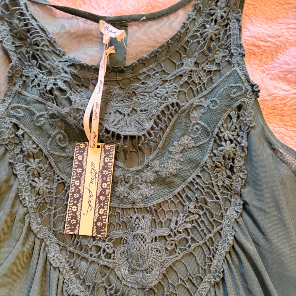 Ultra Pink Olive Green Crochet-Detail Tank Top